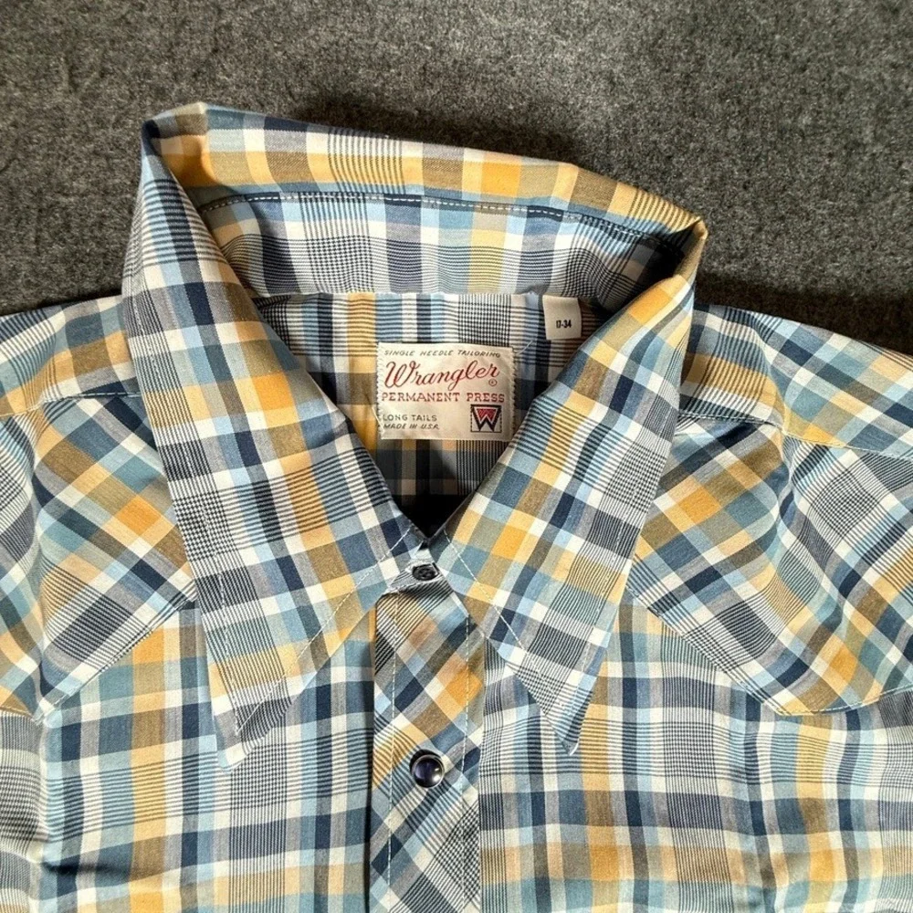 Vintage Wrangler Permanent Press Western Snap Shirt Plaid Long Tail‎ 17-34 USA L